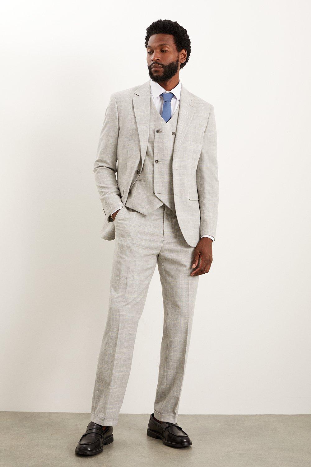 Mens Tailored Fit Grey Textured Check Suit Trousers