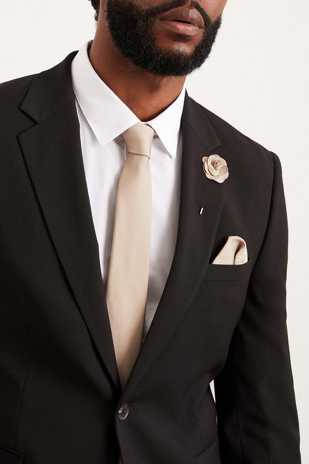 Mens Slim Champagne Wedding Plain Tie Set With Matching Lapel Pin
