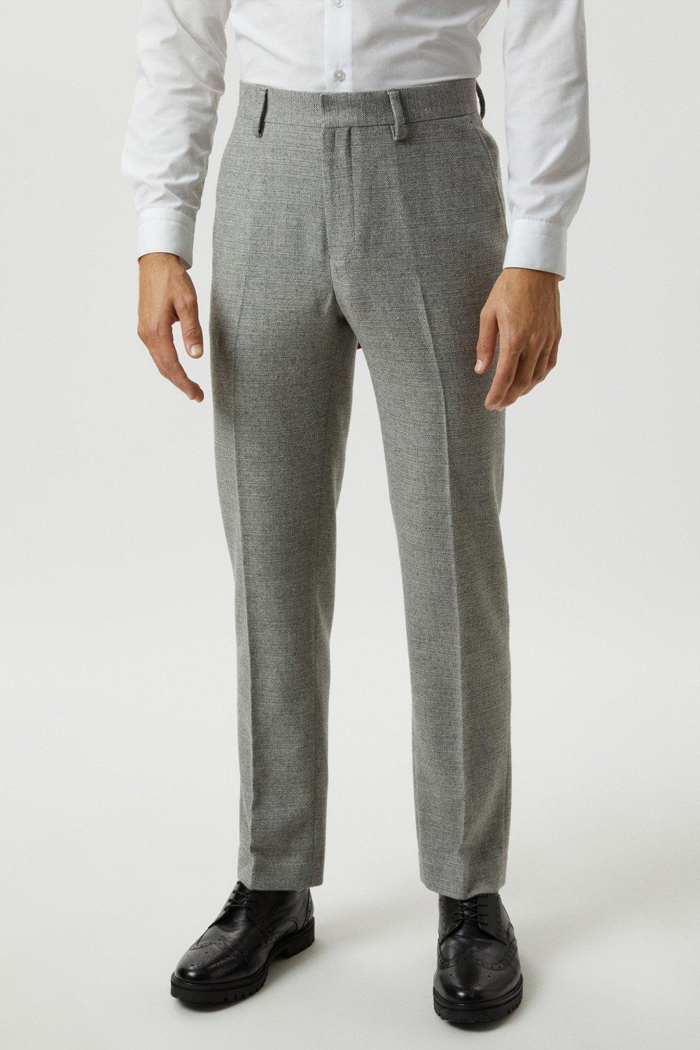 Mens Slim Fit Light Grey Crosshatch Tweed Suit Trousers