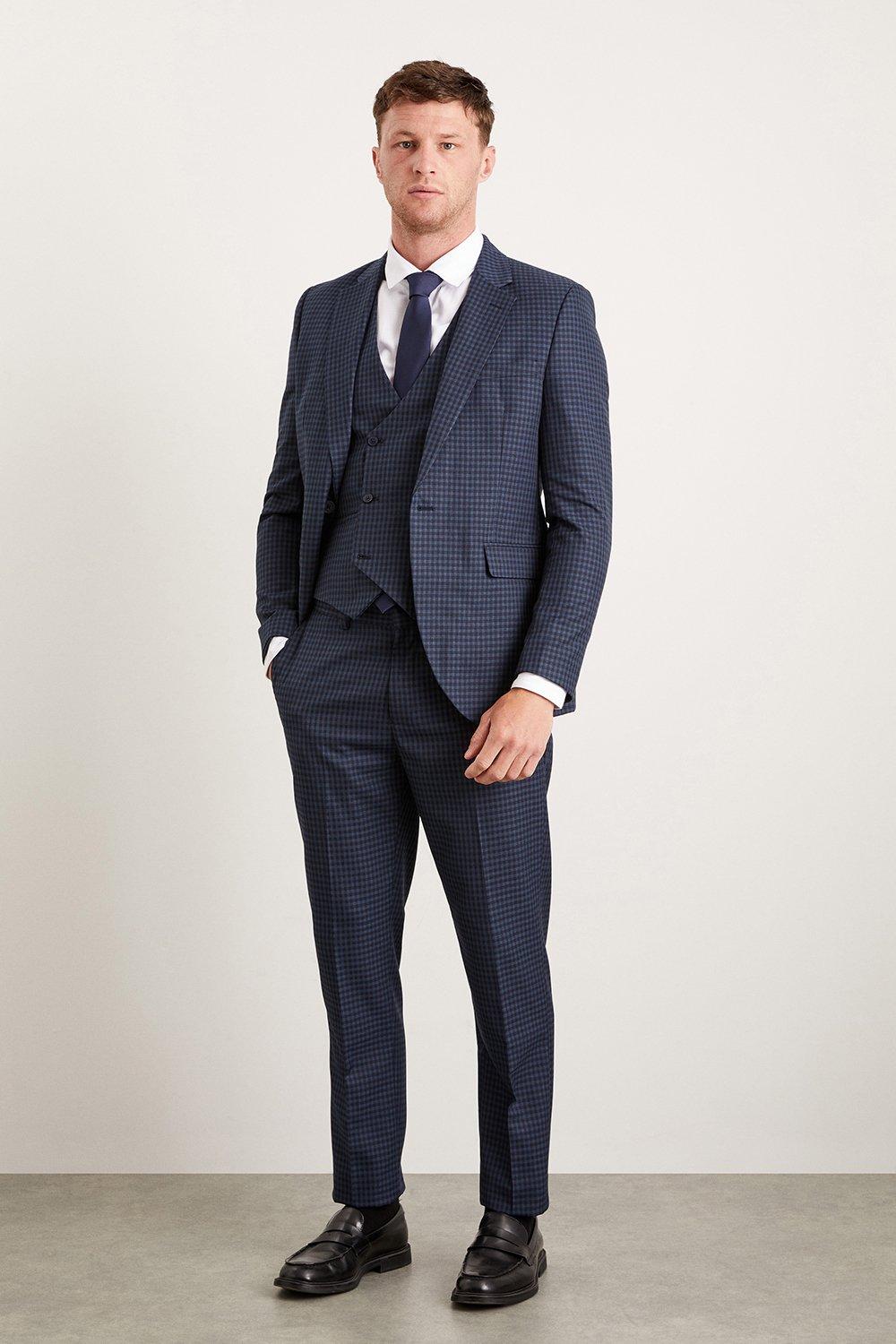 Mens Slim Fit Navy Small Scale Check Suit Trousers