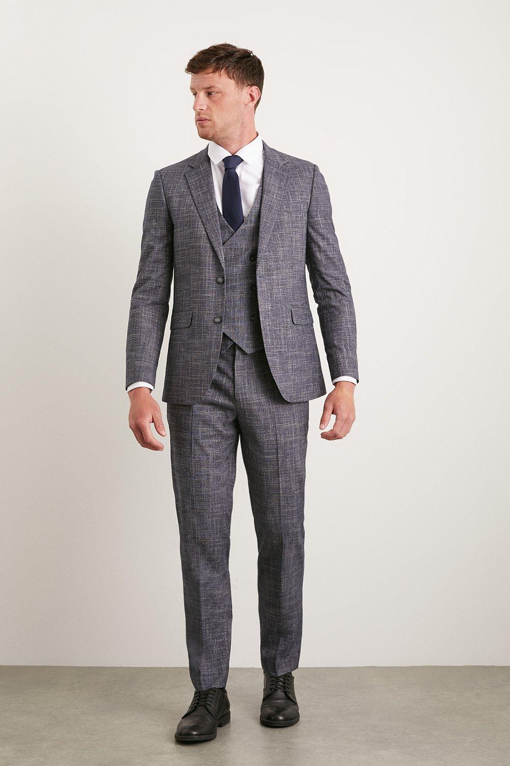 Mens Slim Fit Navy Textured Pow Check Suit Trousers