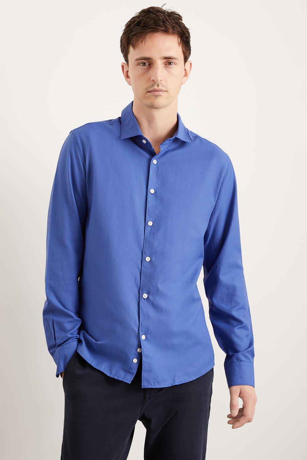 Mens Blue Long Sleeve Slim Basket Weave Smart Shirt