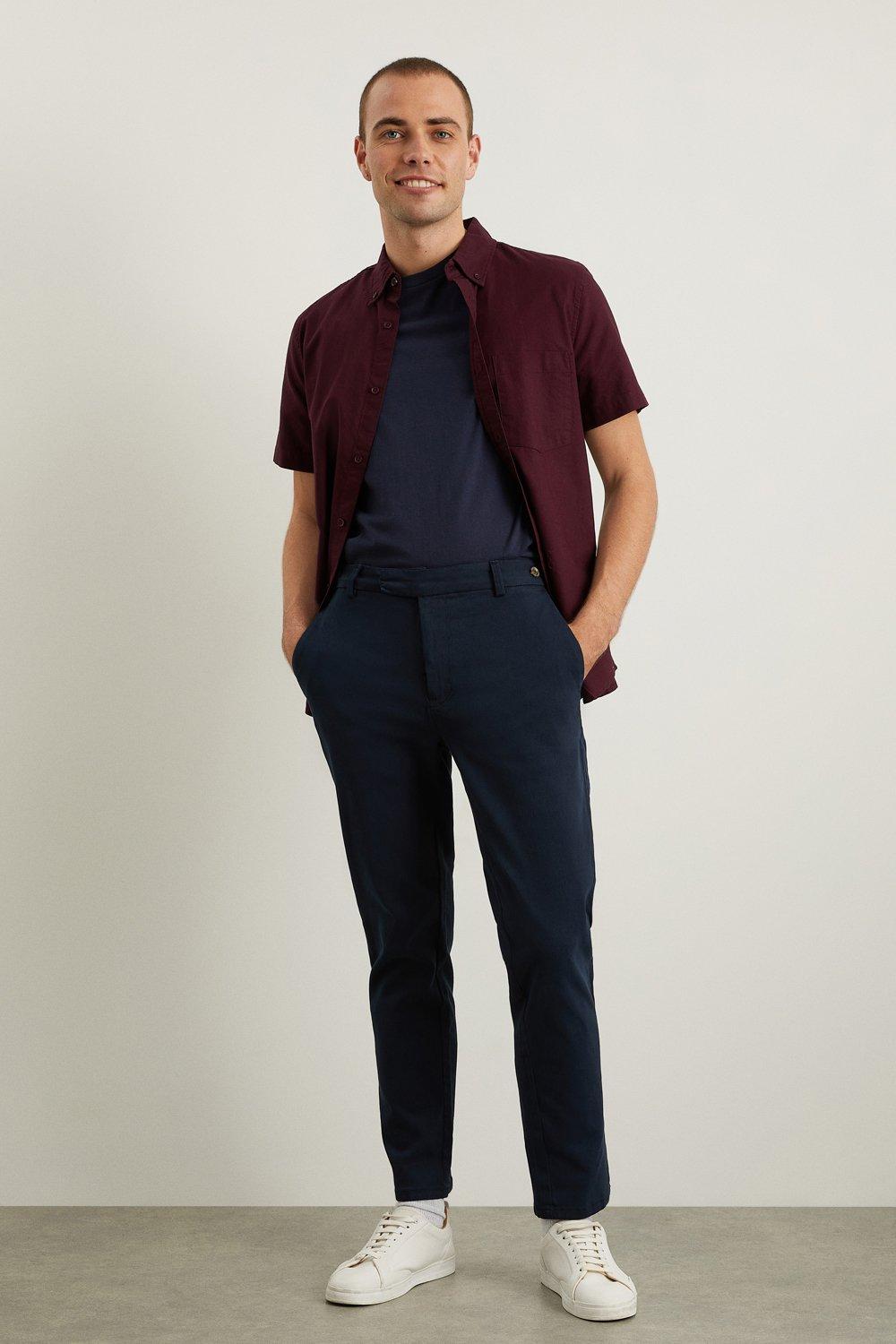 Mens Navy Flat Front Slim Fit Fine Twill Trousers