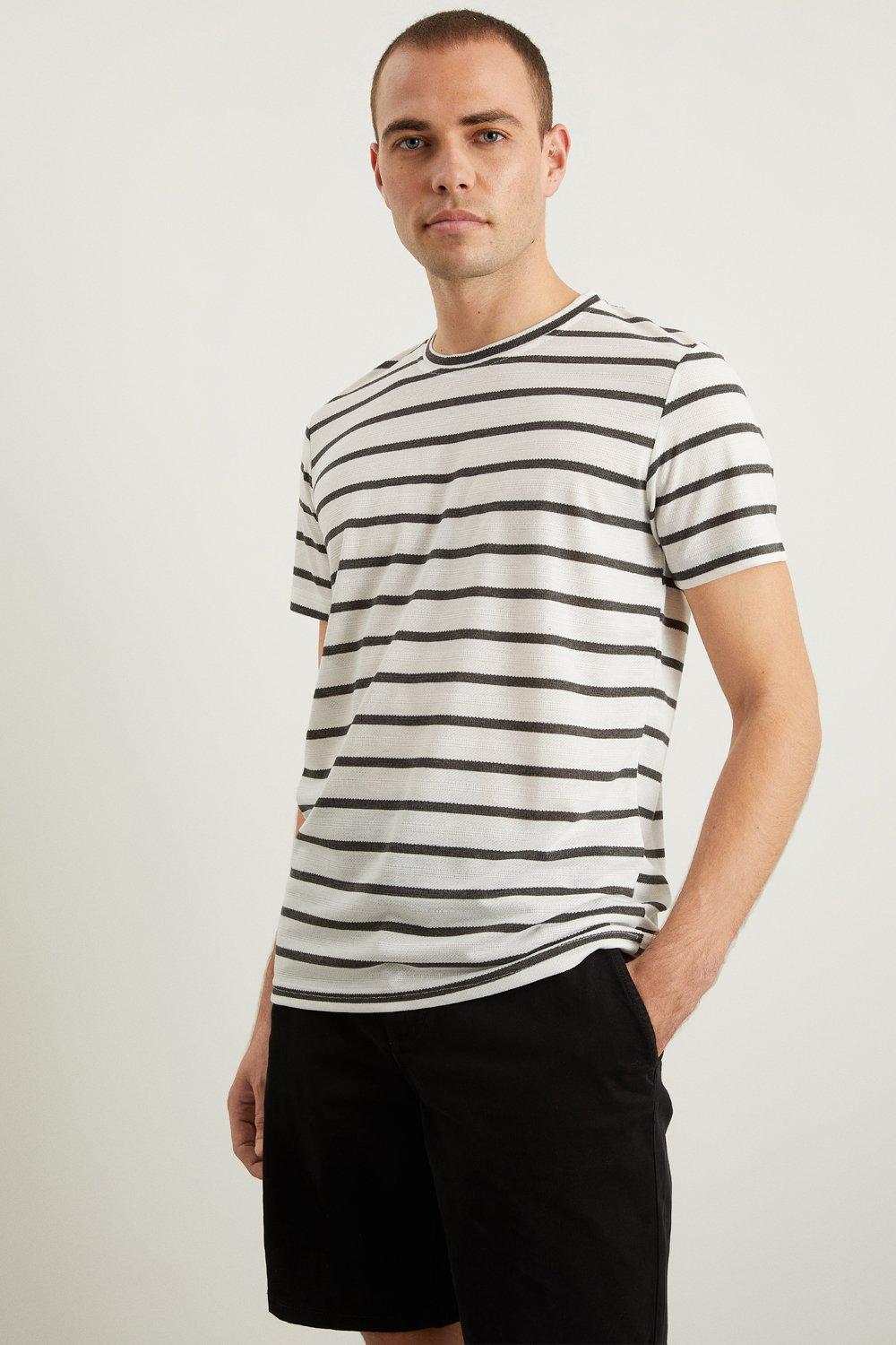 Mens Slim Fit Navy Textured Stripe T- Shirt