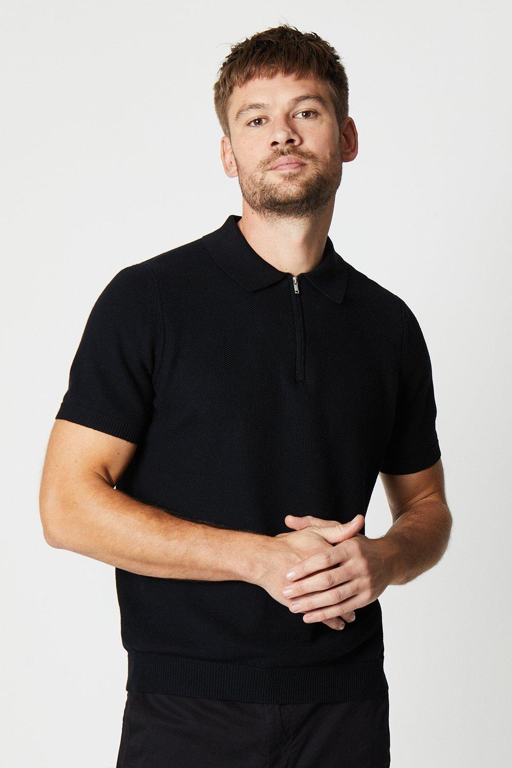 Mens Texture Zip Knitted Polo