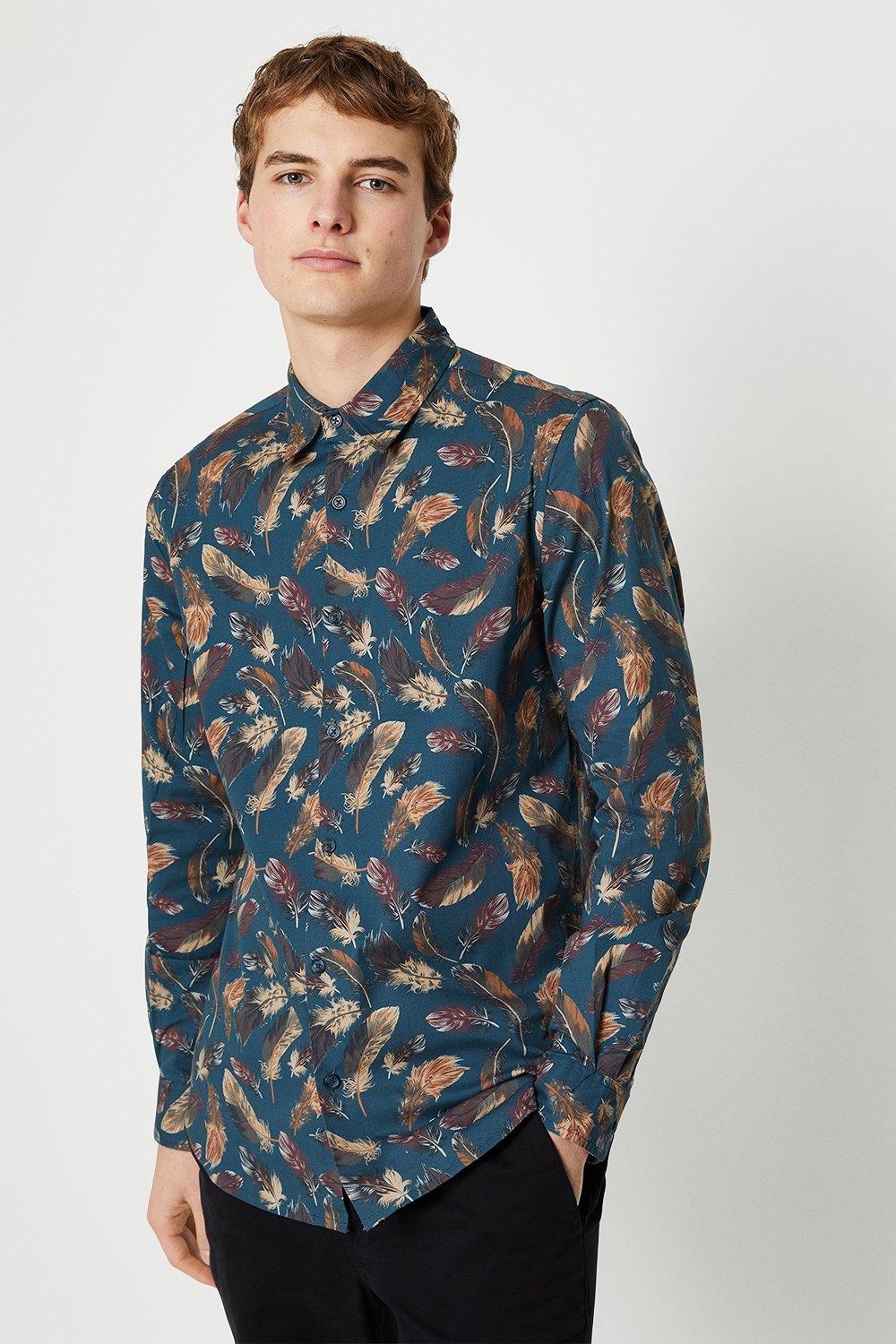 Mens Long Sleeve Feather Printed Shirt