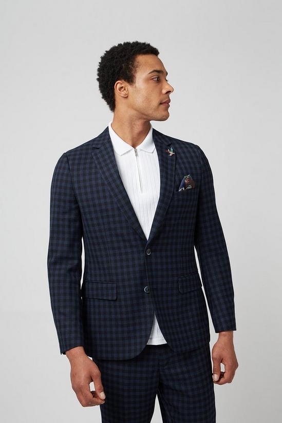 Burton Navy Gingham Check Slim Fit Suit Jacket 1
