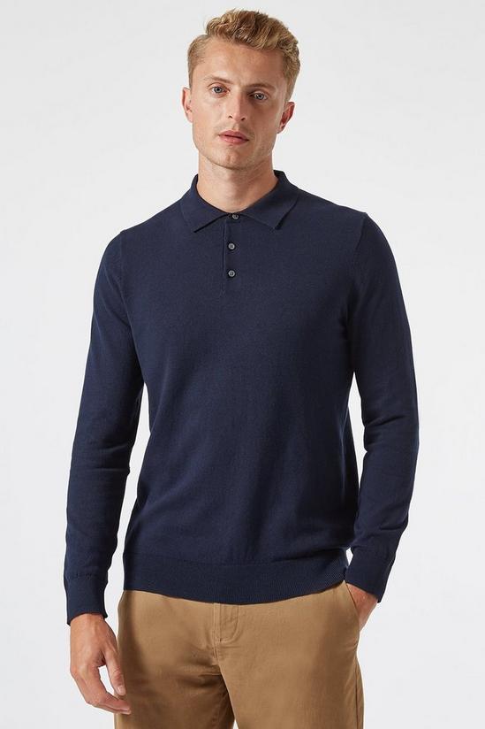 Burton Navy Knitted Polo Neck Jumper with Cotton 1