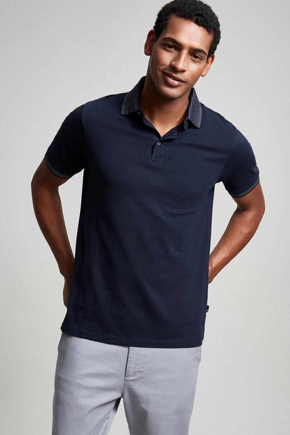 Mens Navy Jacquard Collar Polo Shirt