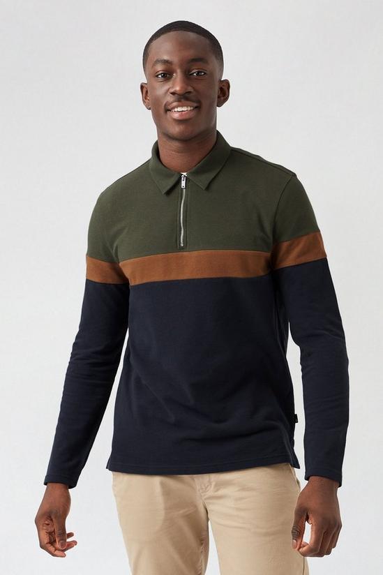Burton Khaki Cut and Sew Long Sleeved Polo Shirt 1