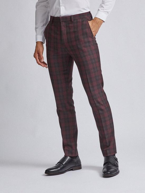 Burton Red and Black Tartan Skinny Fit Suit Trousers 1