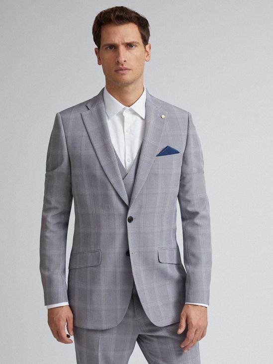 Burton Light Grey Graphic Check Slim Fit Suit Jacket 1