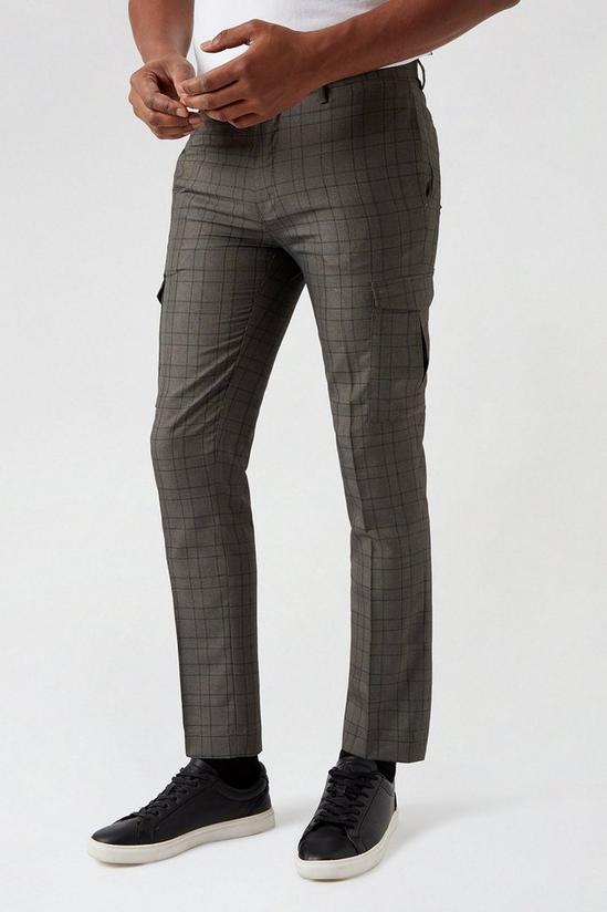 Burton Skinny Mid Grey Check Cargo Trousers 1