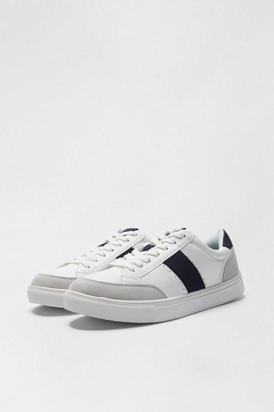 Burton White Leather Look Trainers with Navy Stripe 2