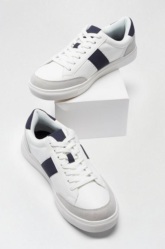 Burton White Leather Look Trainers with Navy Stripe 3