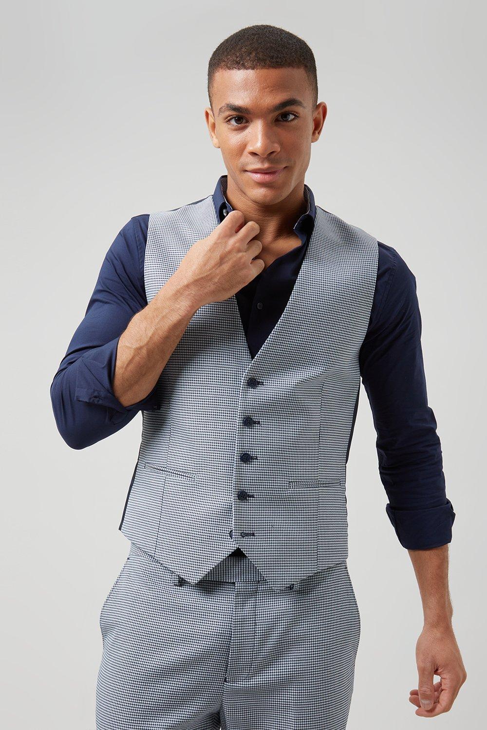 Mens Skinny Fit Navy And White Houndstooth Waistcoat