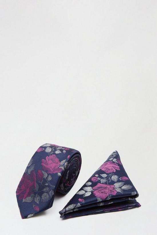 Burton Navy Floral Tie And Pocket Square Set 1
