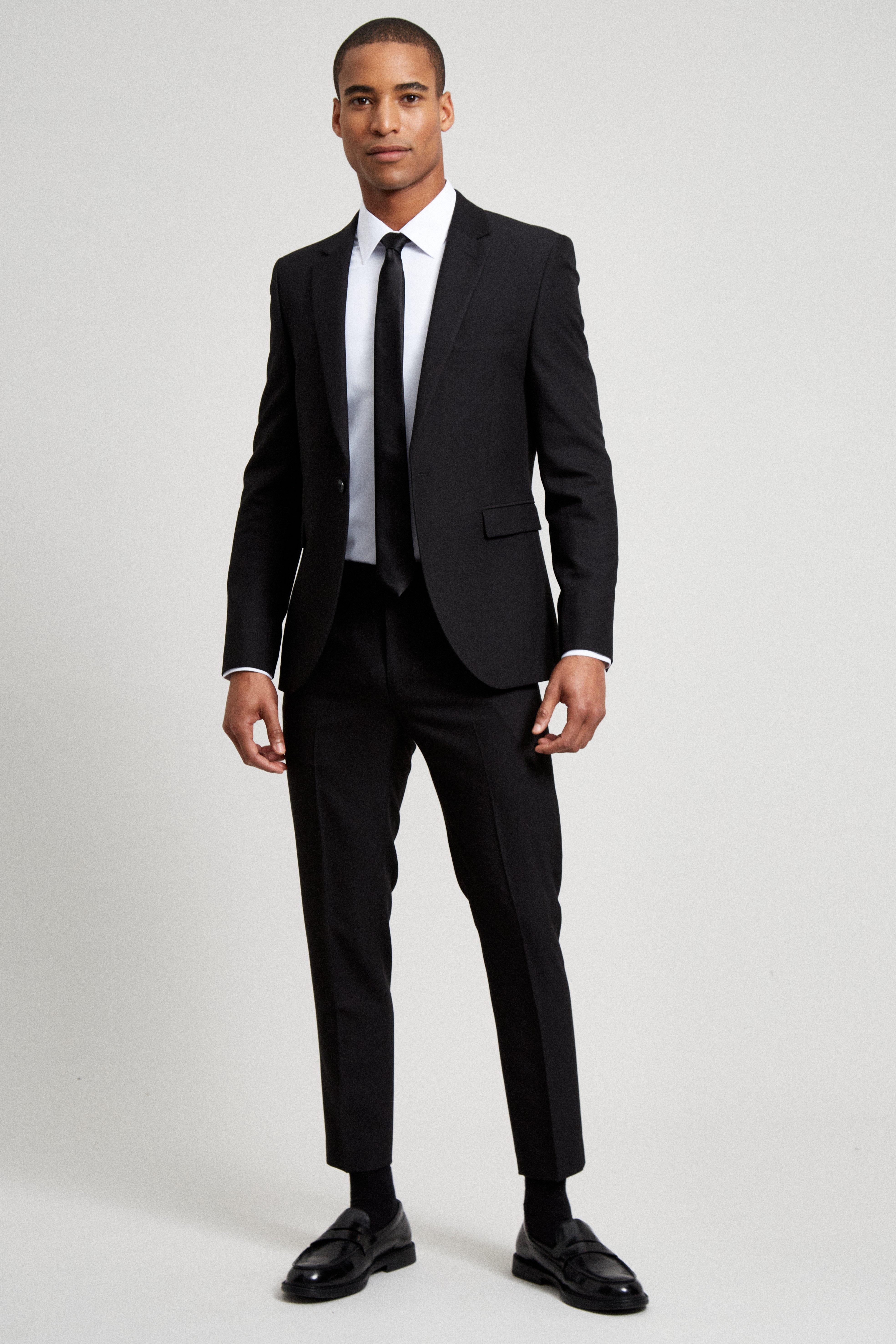 Mens Super Skinny Crop Fit Black Bi-stretch Suit Trousers