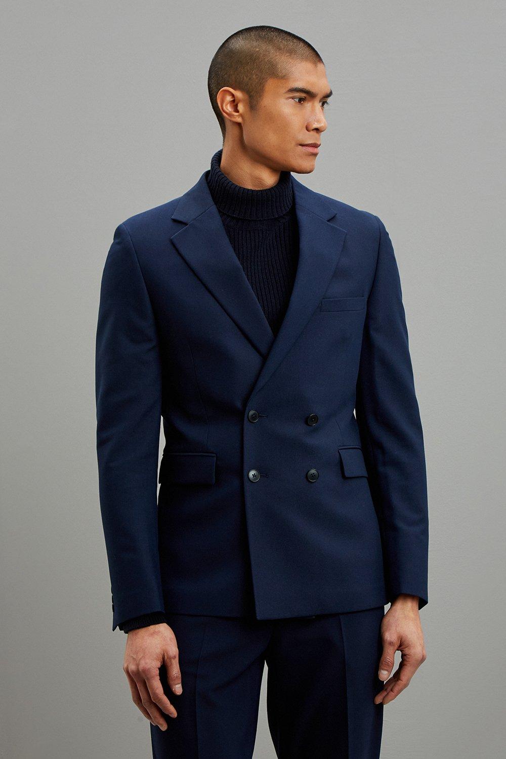 Mens Super Skinny Fit Navy Double Breasted Suit Jacket