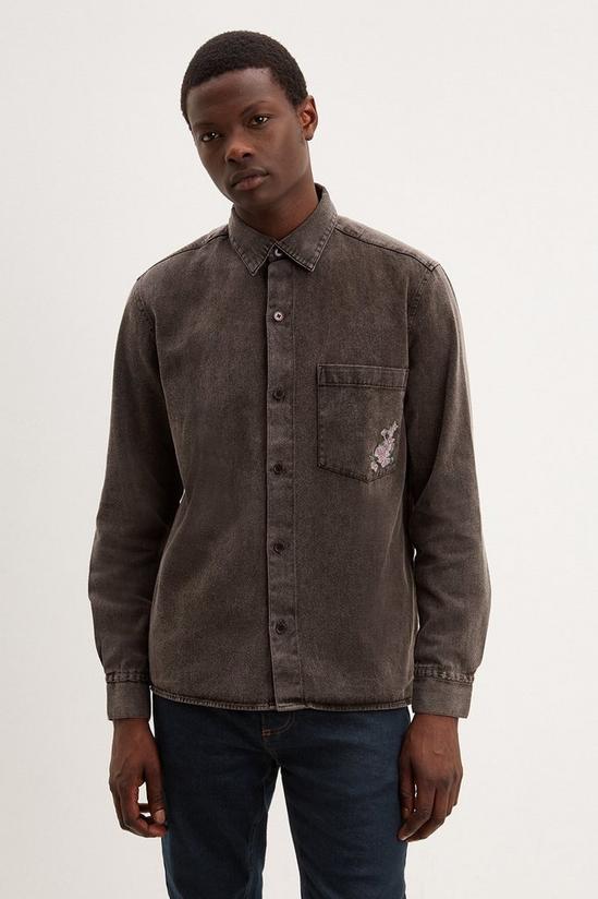 Burton Dark Grey Laundered Overshirt With Embroidery 1