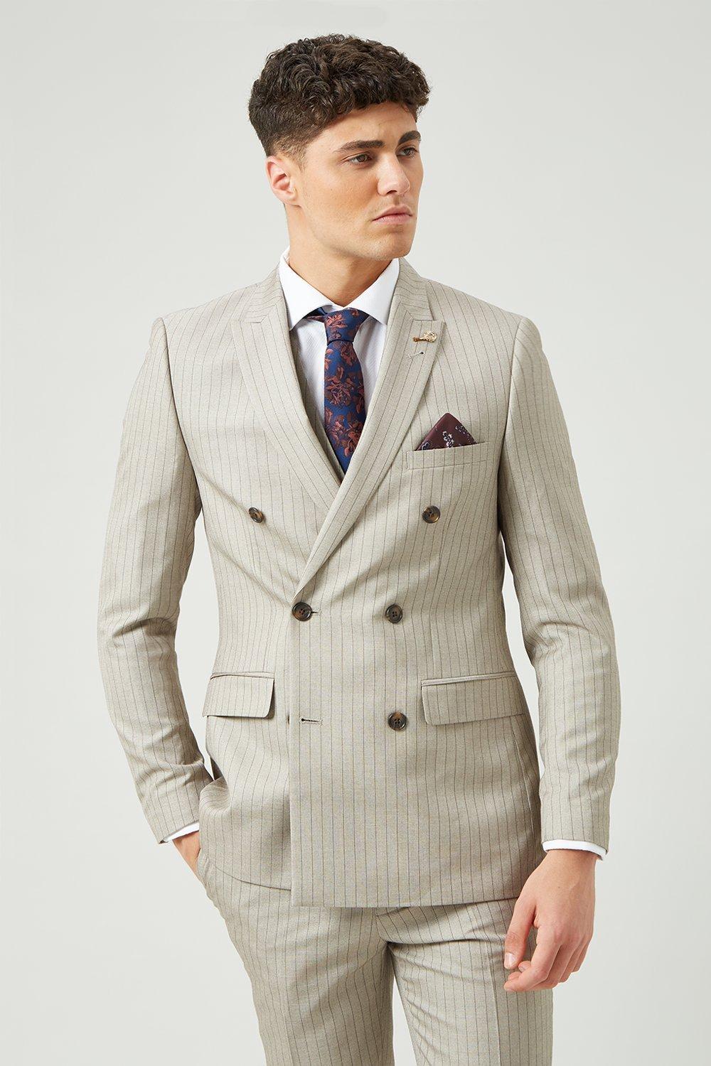 Suits | Slim Fit Neutral Stripe Double Breasted Jacket | Burton