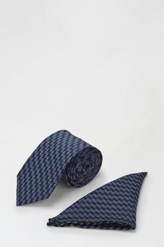 Burton 1904 Navy Patterned Silk Tie And Pocket Square Set 1