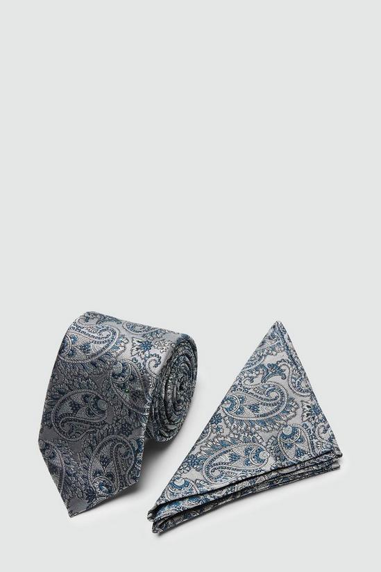 Burton 1904 Silver And Blue Paisley Silk Tie And Pocket Square Set 1