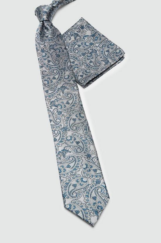 Burton 1904 Silver And Blue Paisley Silk Tie And Pocket Square Set 3