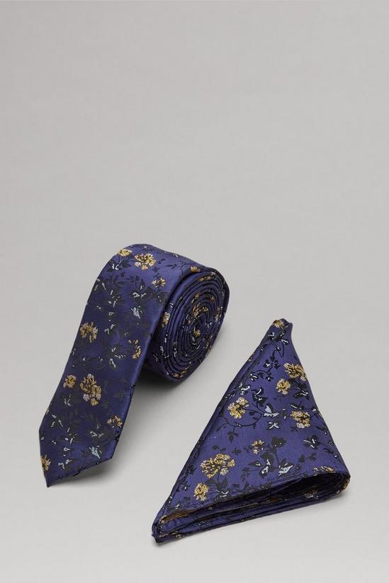 Burton Blue And Yellow Ditsy Floral Tie And Pocket Square Set 1