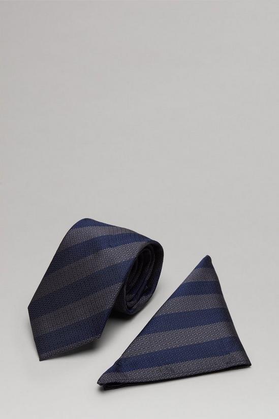 Burton Navy And Grey Wide Stripe Tie And Pocket Square Set 1