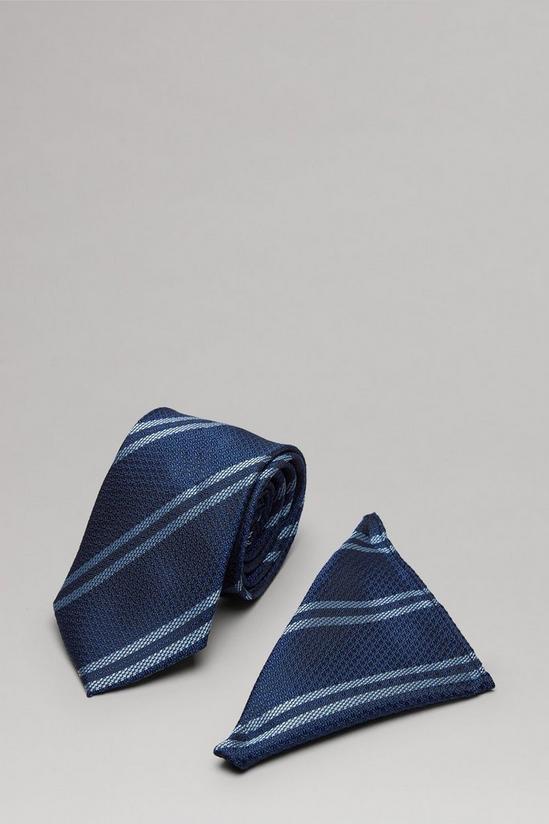Burton Navy Textured Wide Stripe Tie And Pocket Square Set 2