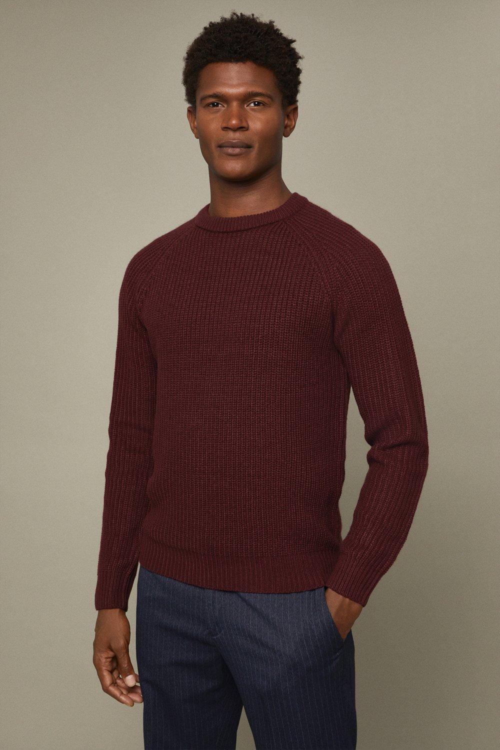 Jumpers & Cardigans | Burgundy Fisherman Ribbed Crew Neck Jumper | Burton