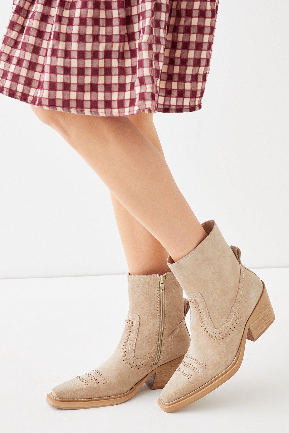 Boots | Real Suede Whipstitch Detail Western Ankle Boot | Oasis