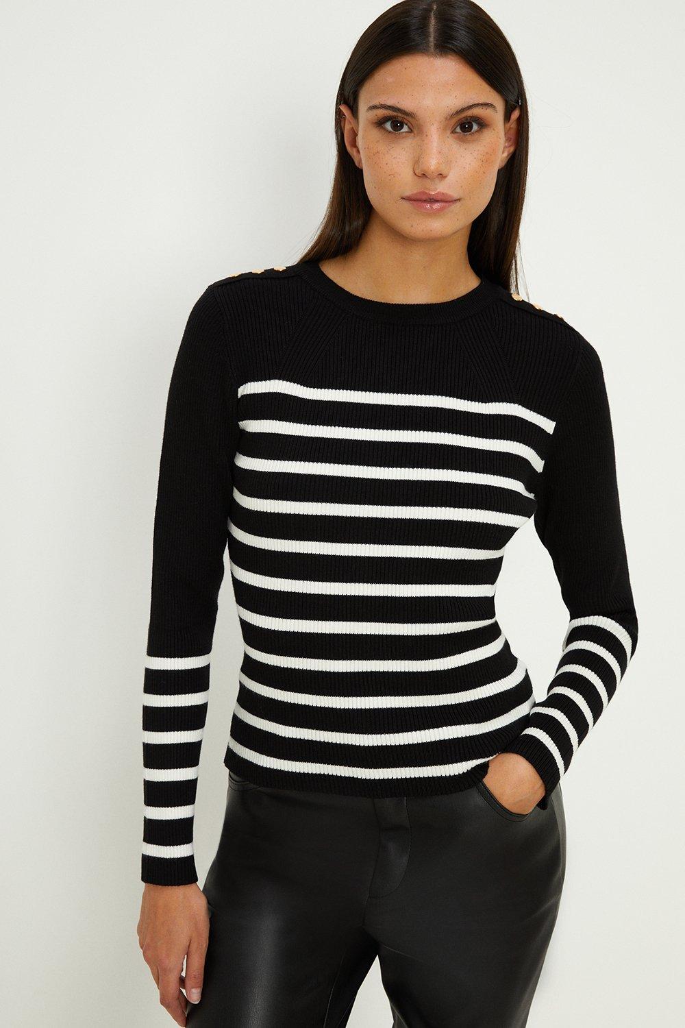 Jumpers & Cardigans | Button Detail Rib Stripe Jumper | Oasis