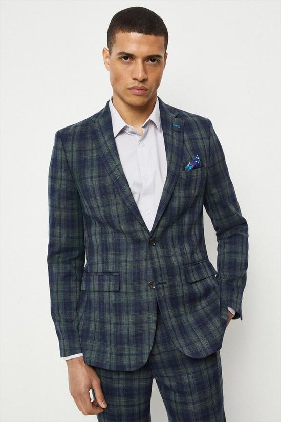 Burton Skinny Fit Navy Green Check Suit Jacket 1