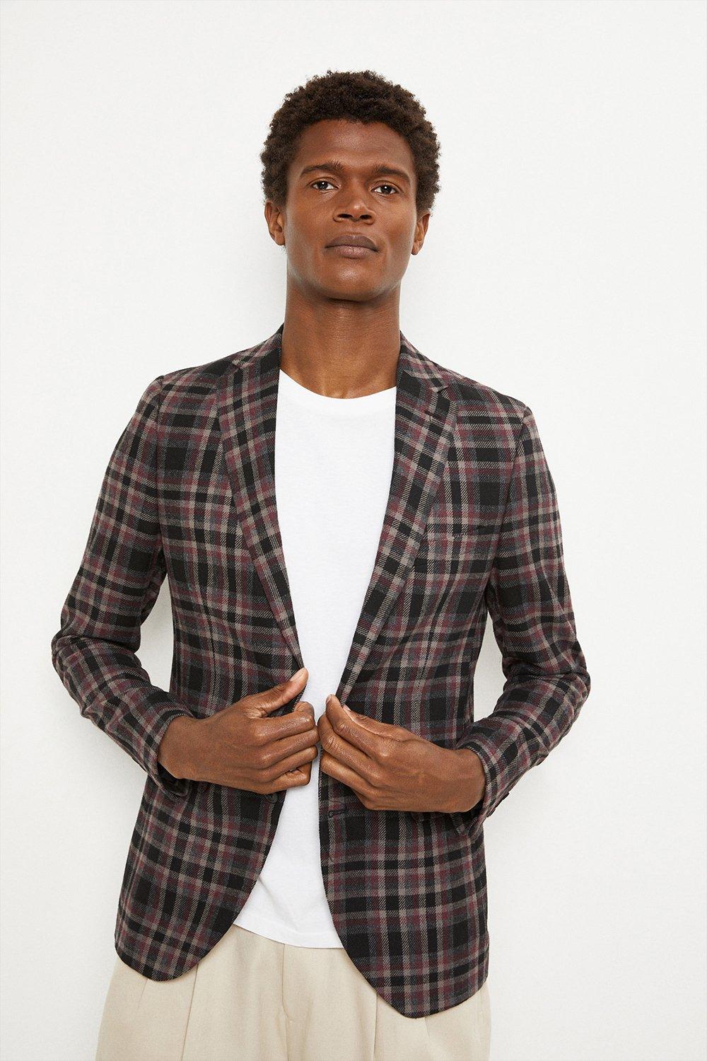 Suits | Burgundy Black Check Skinny Jacket | Burton