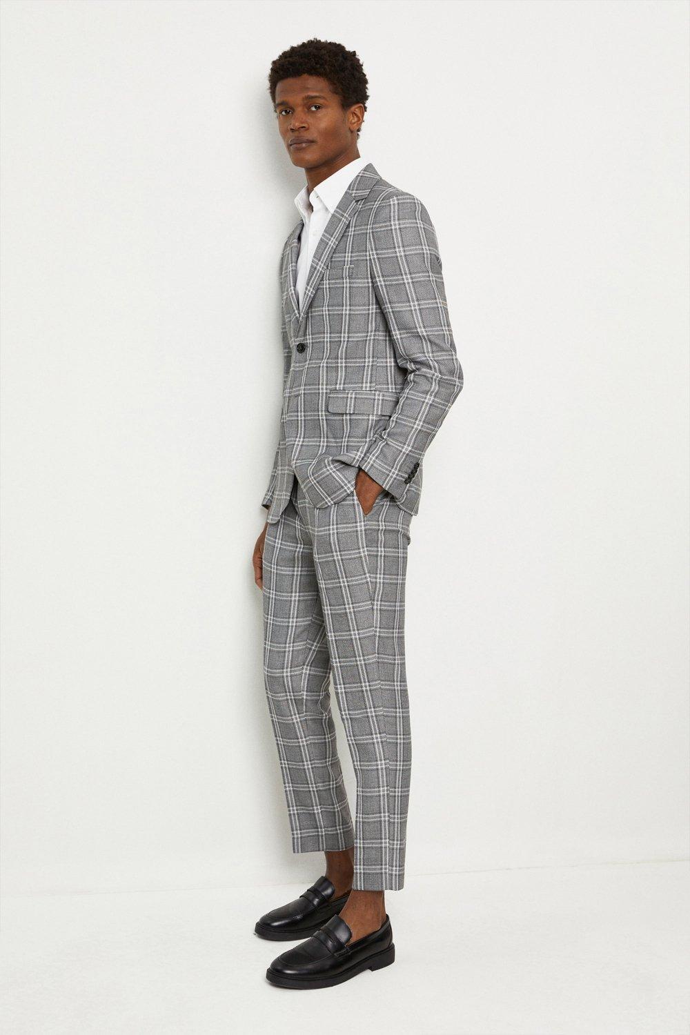 Mens Skinny Fit Grey Textured Check Suit Jacket