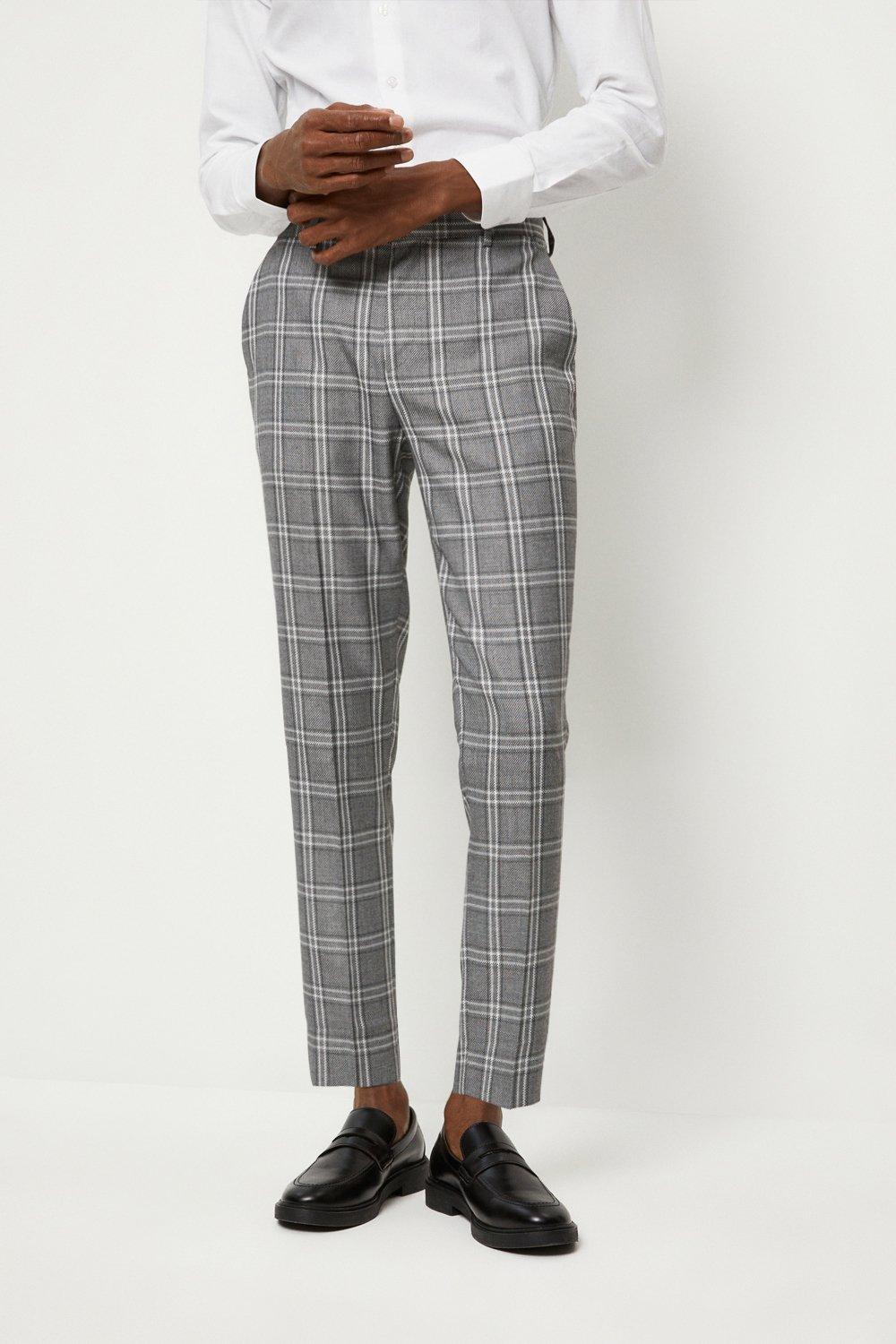 Mens Skinny Fit Grey Textured Check Suit Trousers