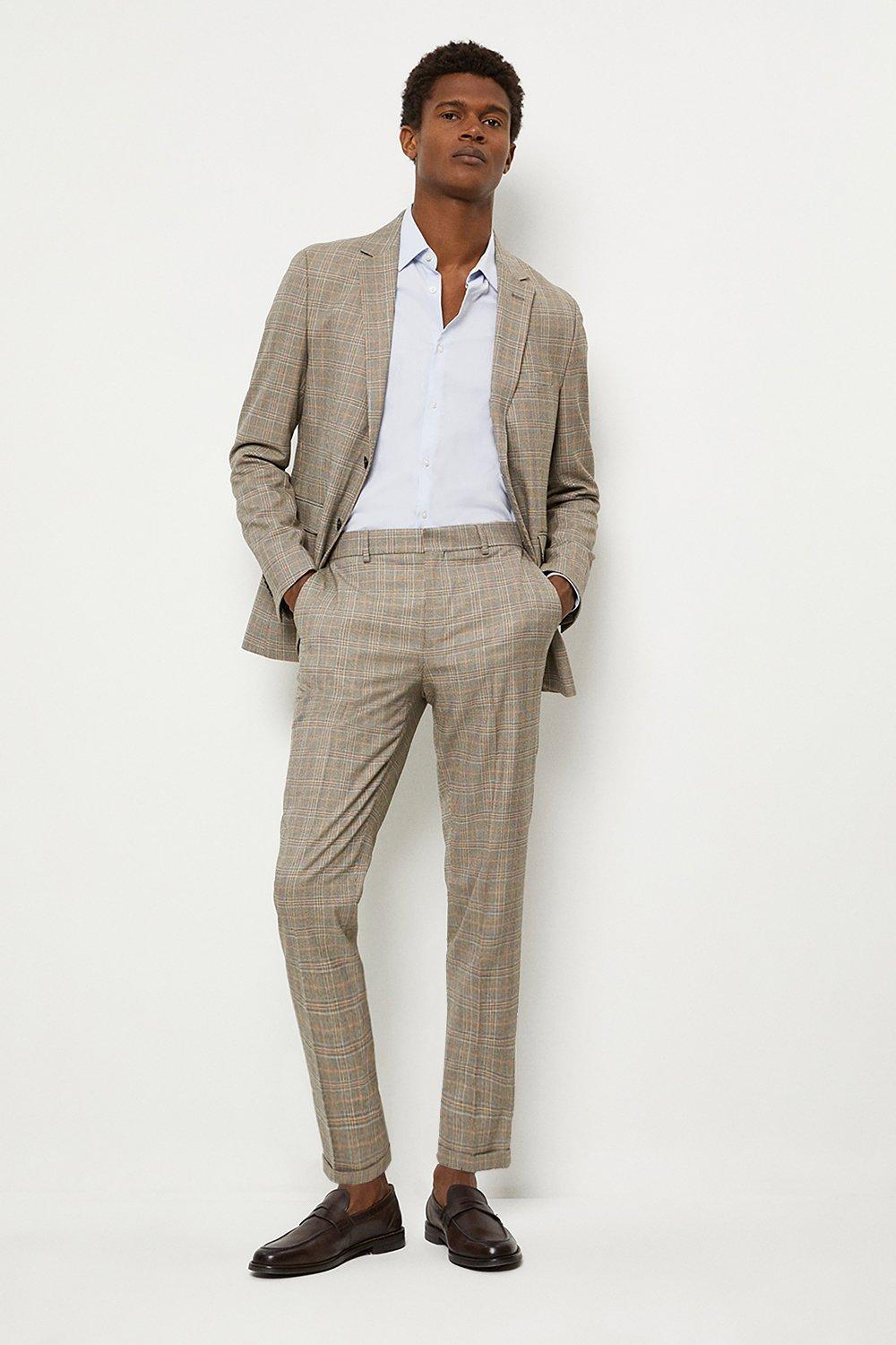 Mens Skinny Fit Brown Textured Check Suit Jacket