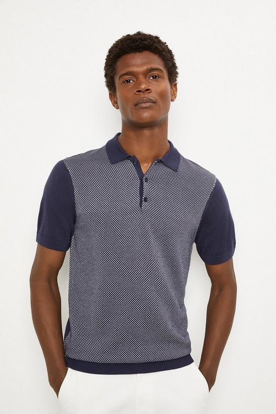 Burton Cotton Rich Navy Birdseye Textured Knitted Polo Shirt 1
