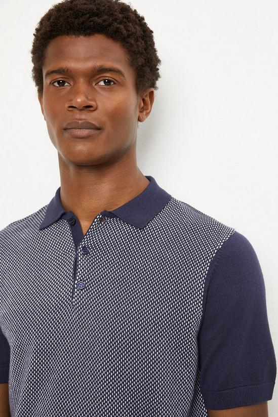 Burton Cotton Rich Navy Birdseye Textured Knitted Polo Shirt 4