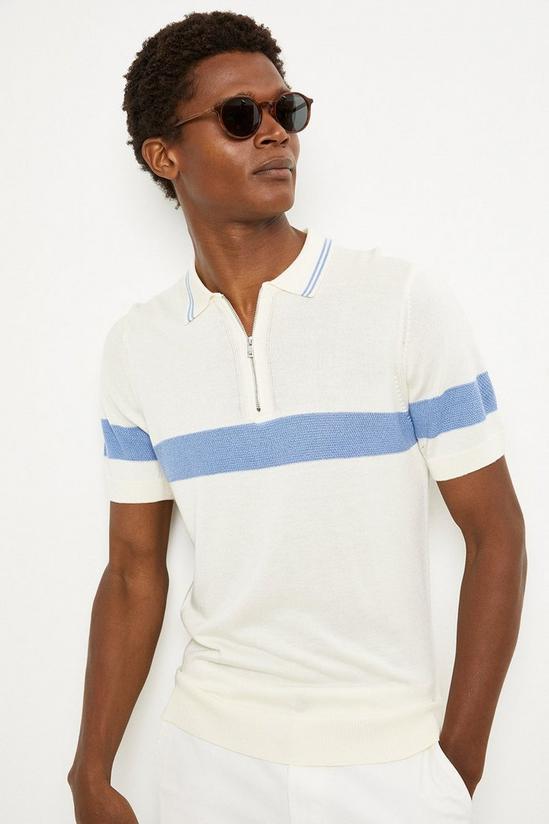 Burton Cotton Rich Ecru Chest Stripe Zip Knitted Polo Shirt 1