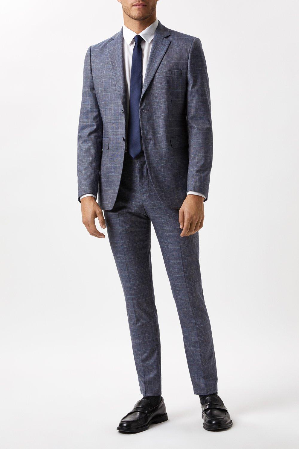 Mens Skinny Fit Blue Check Suit Jacket product