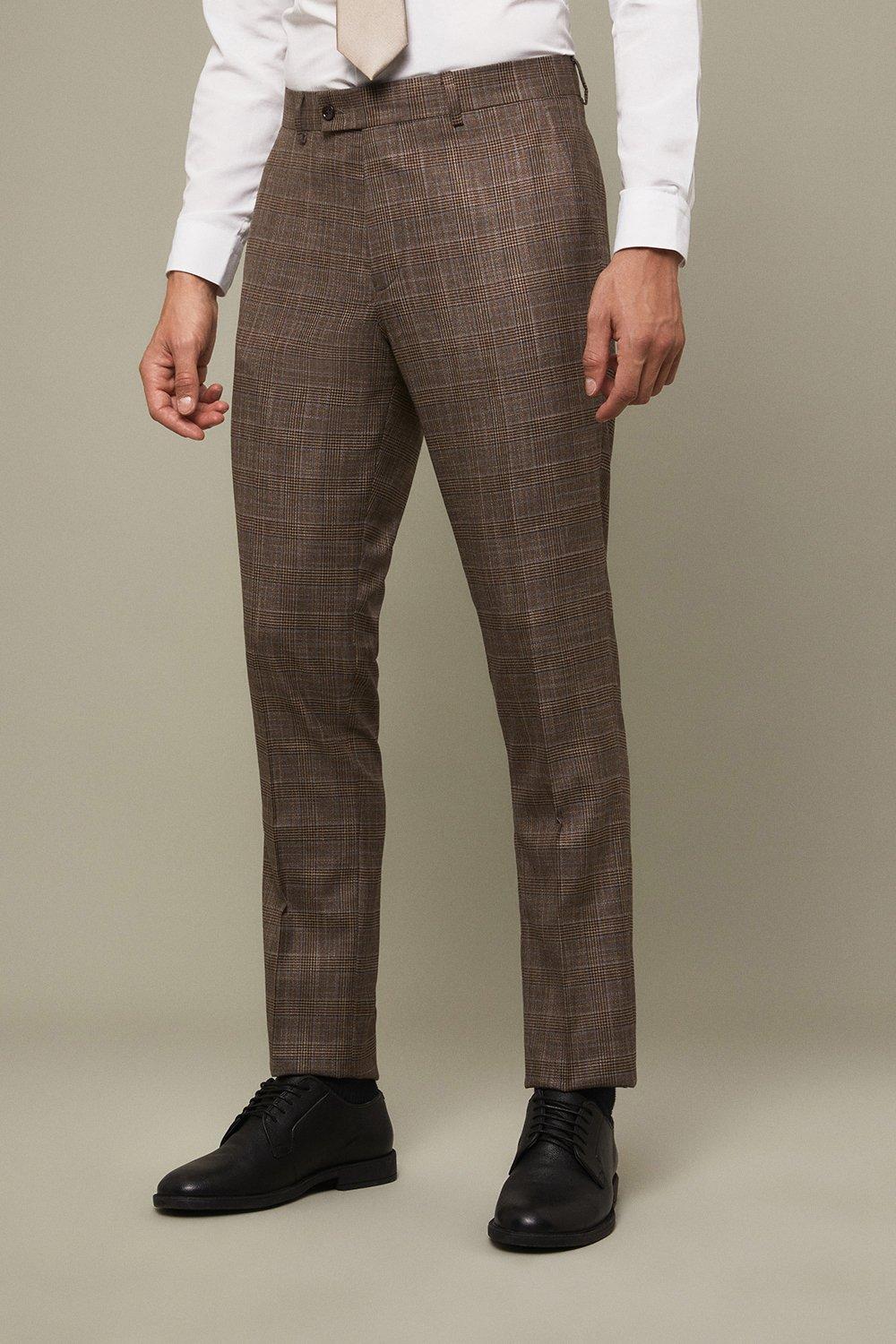 Mens Skinny Fit Neutral Check Suit Trouser