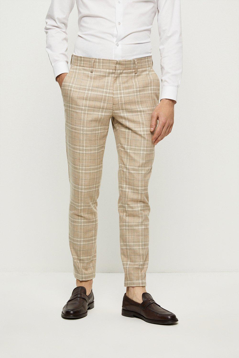Mens Skinny Fit Stone Textured Check Suit Trousers
