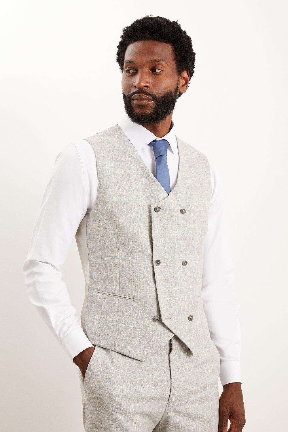 Mens Tailored Fit Grey Textured Check Waistcoat