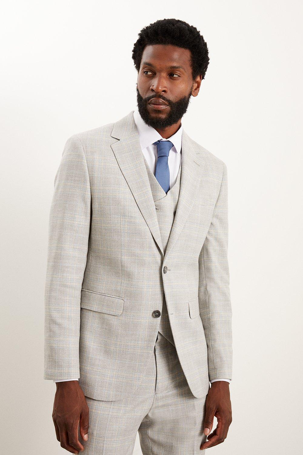 Mens Tailored Fit Grey Textured Check Suit Jacket