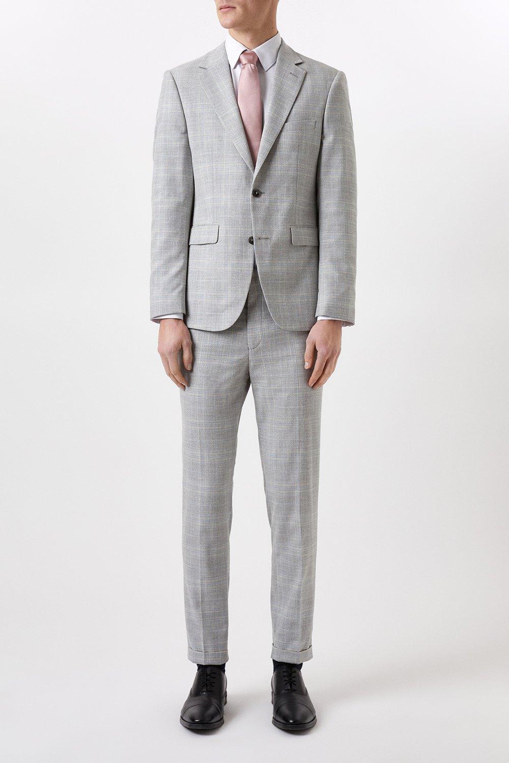 Suits | Slim Fit Grey Textured Check Suit Jacket | Burton