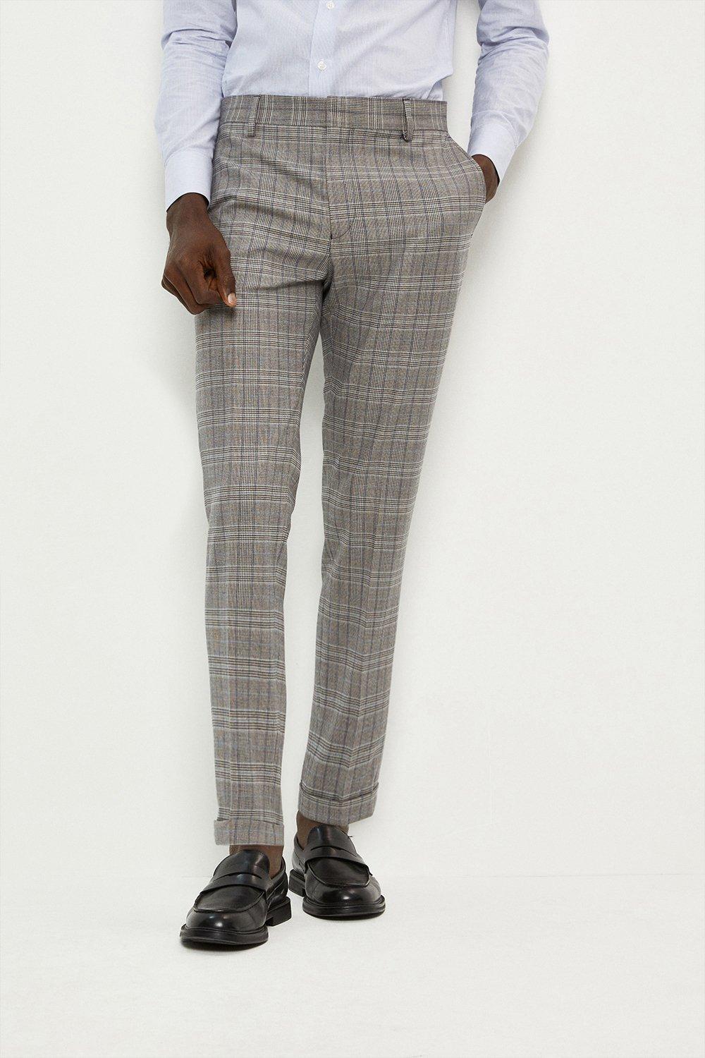 Mens Skinny Fit Grey Blue Pow Check Suit Trousers