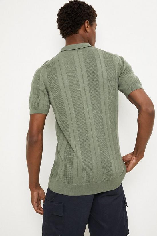 Burton Pure Cotton Green Vertical Texture Zip Neck Knitted Polo Shirt 3